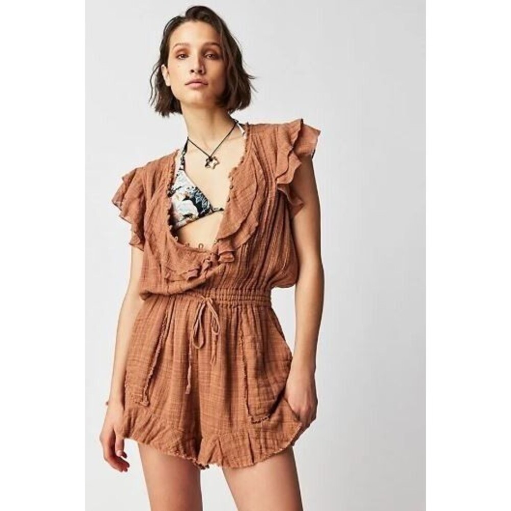 Free People FP One Naya Romper Cap Sleeve Burnt Brown Ruffle Endless Summer XL